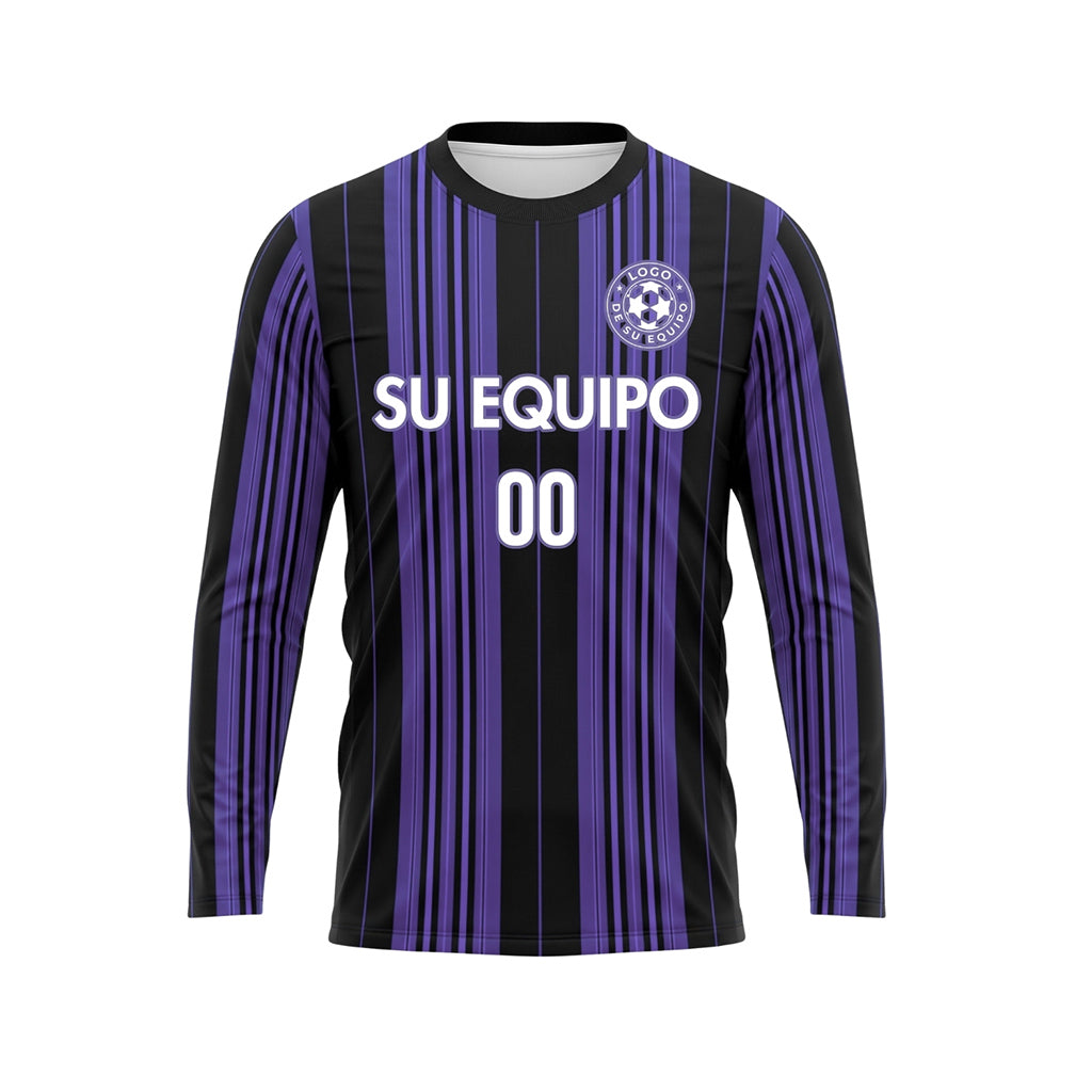 Negro Violeta Rayas Verticales Camiseta de Fútbol Personalizada de Manga Larga