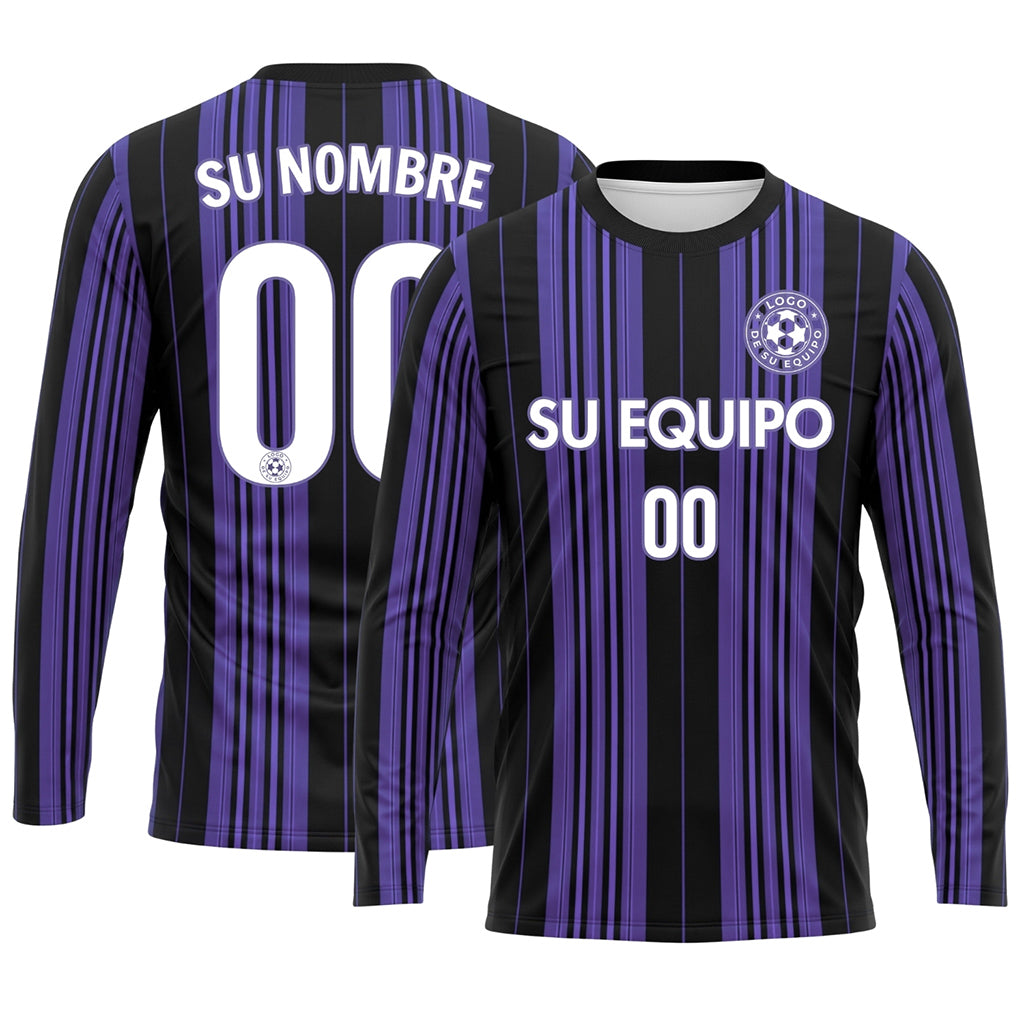 Negro Violeta Rayas Verticales Camiseta de Fútbol Personalizada de Manga Larga