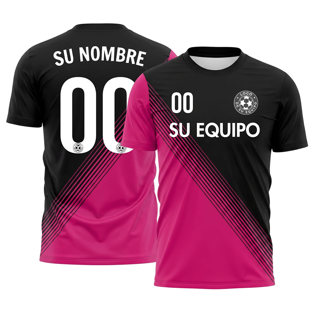 Negro Magenta Diagonales Rayas Camiseta de Fútbol Personalizada