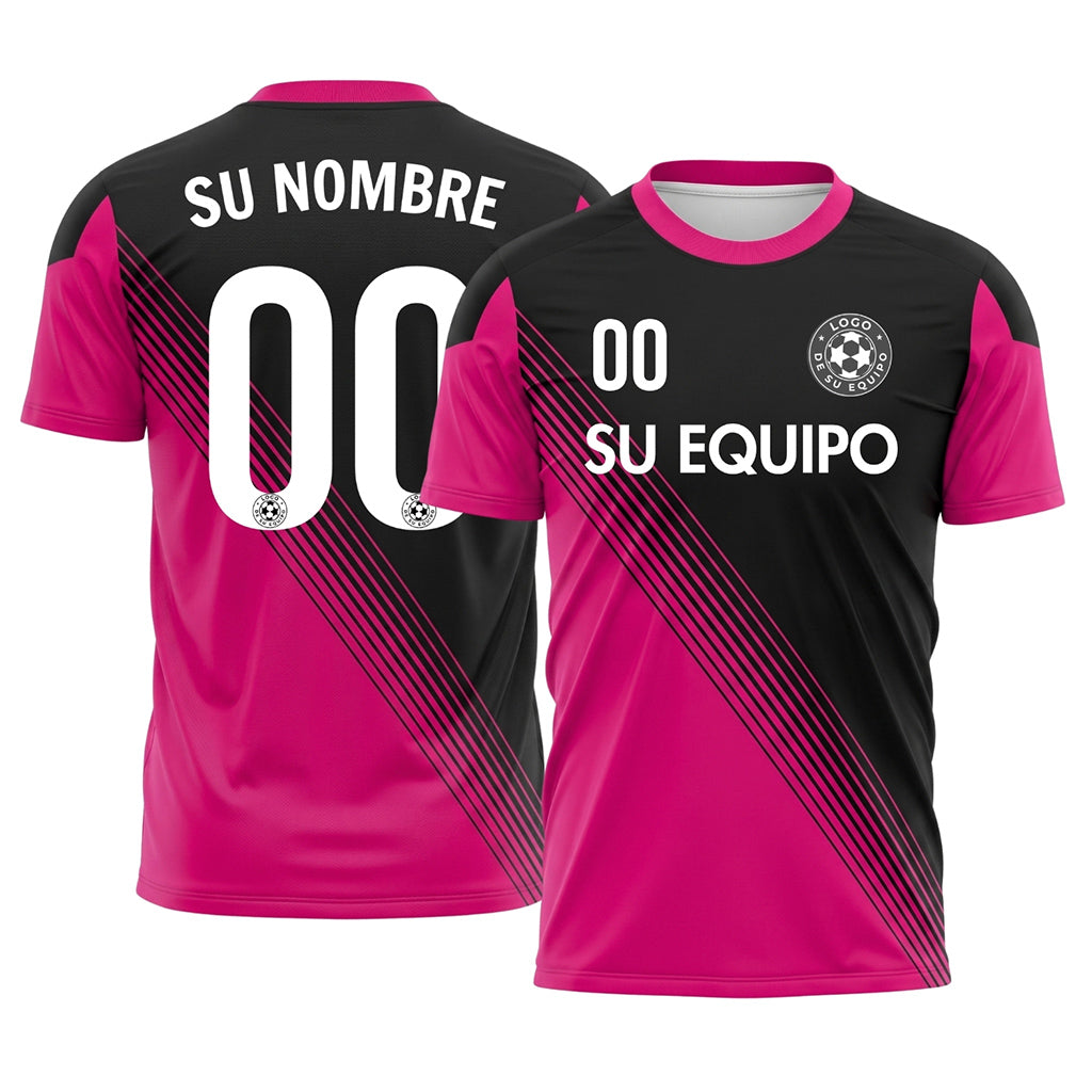 Negro Magenta Acento en el Cuello Diagonales Rayas Camiseta de Fútbol Personalizada