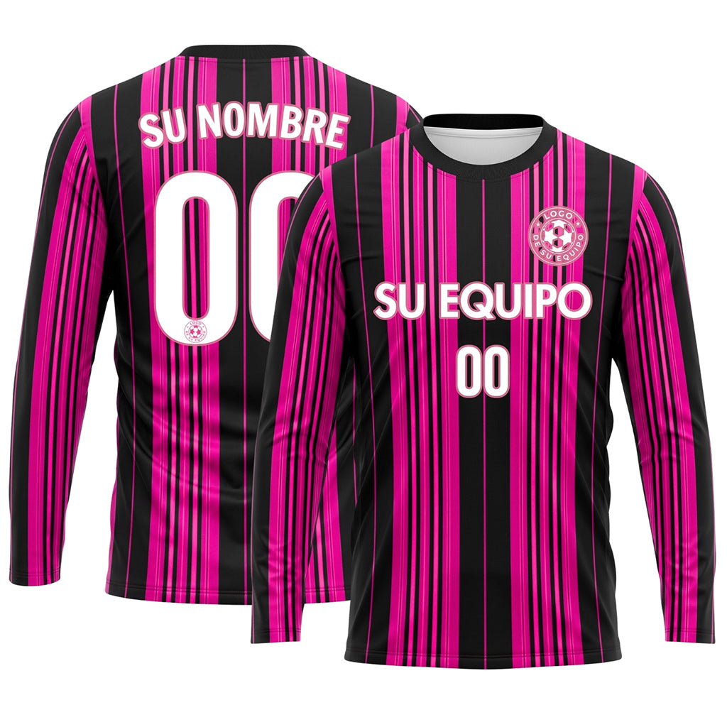 Negro Rosa Rayas Verticales Camiseta de Fútbol Personalizada de Manga Larga