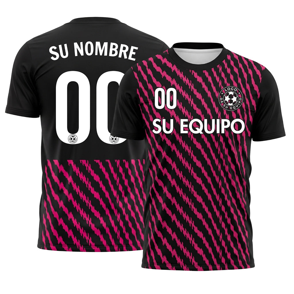 Negro Rosa Zigzag Rayas Camiseta de Fútbol Personalizada