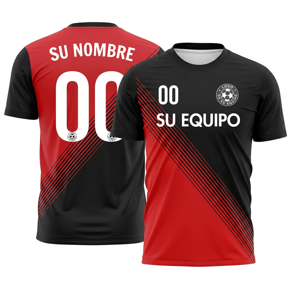 Negro Rojo Contraste en la Espalda Diagonales Rayas Camiseta de Fútbol Personalizada