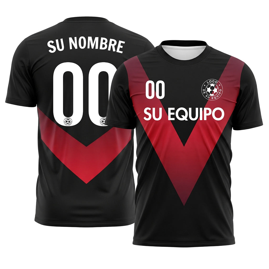 Negro Rojo V Motivo Camiseta de Fútbol Personalizada