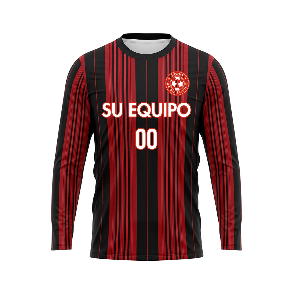 Negro Rojo Rayas Verticales Camiseta de Fútbol Personalizada de Manga Larga
