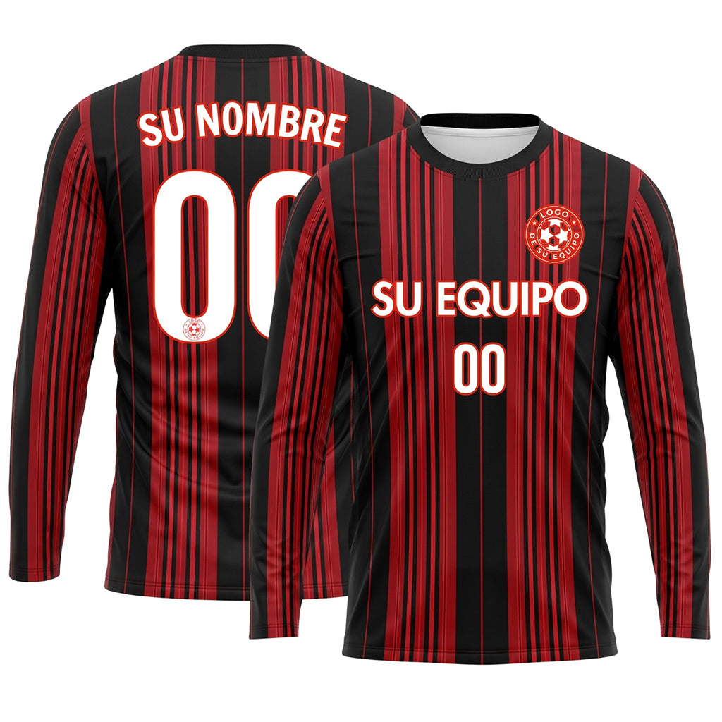 Negro Rojo Rayas Verticales Camiseta de Fútbol Personalizada de Manga Larga