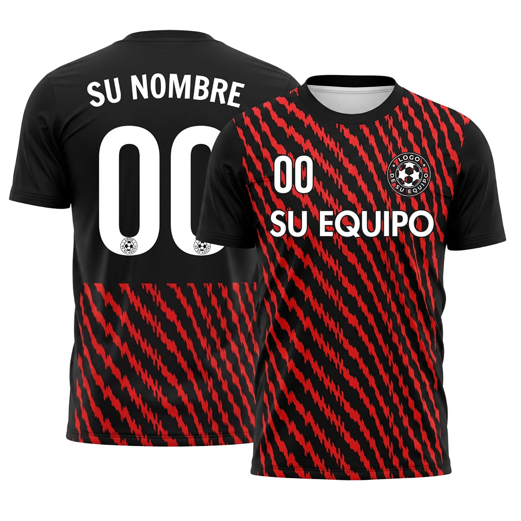 Negro Rojo Zigzag Rayas Camiseta de Fútbol Personalizada