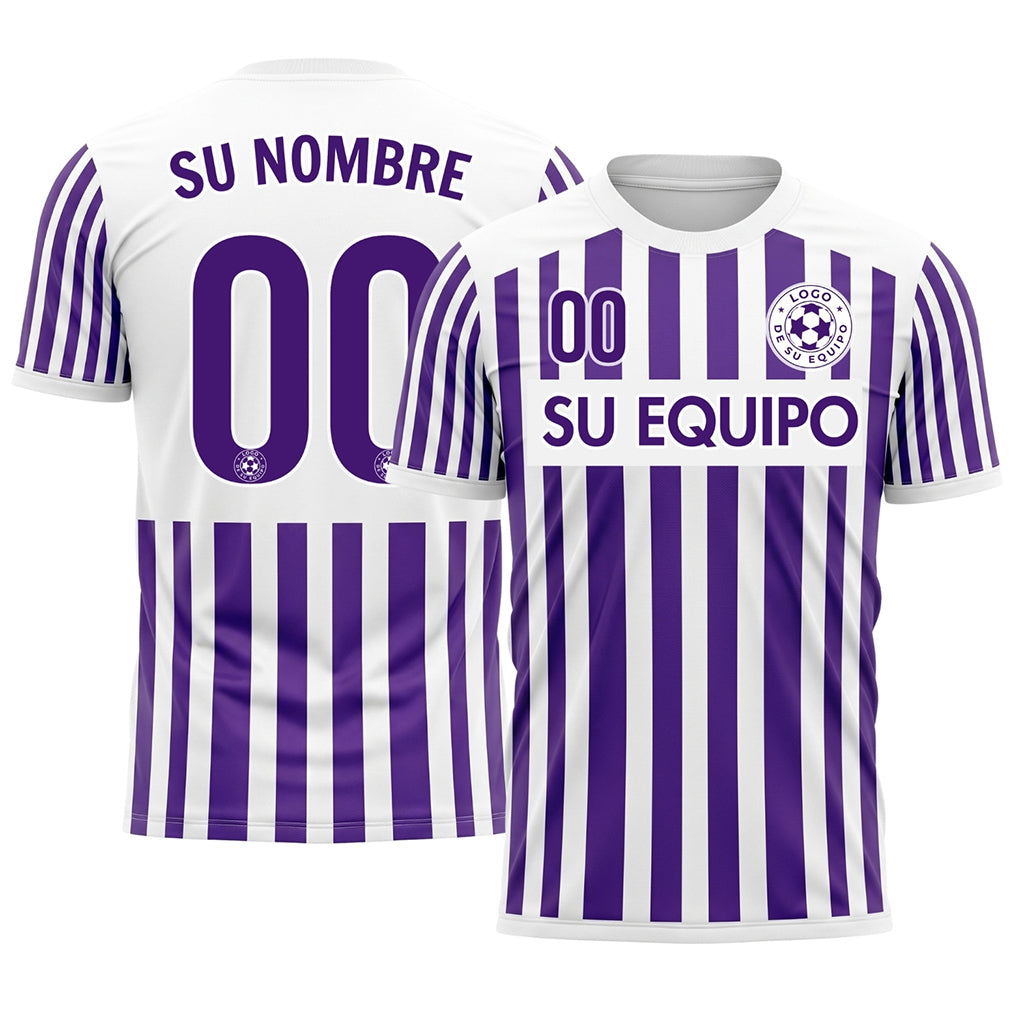 Violeta Blanco Rayado con Rayas Manga Camiseta de Fútbol Personalizada