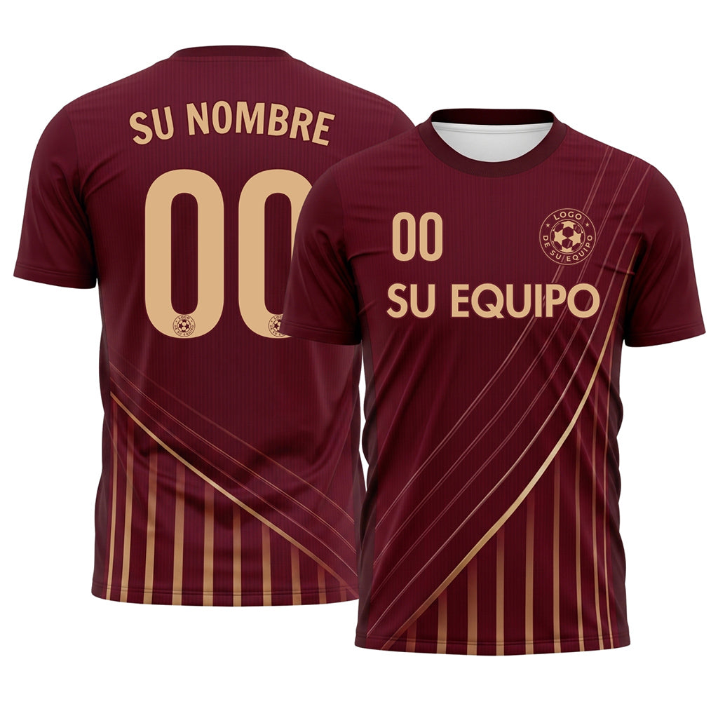 Rojo Burdeos Bronce Líneas Motivo Camiseta de Fútbol Personalizada