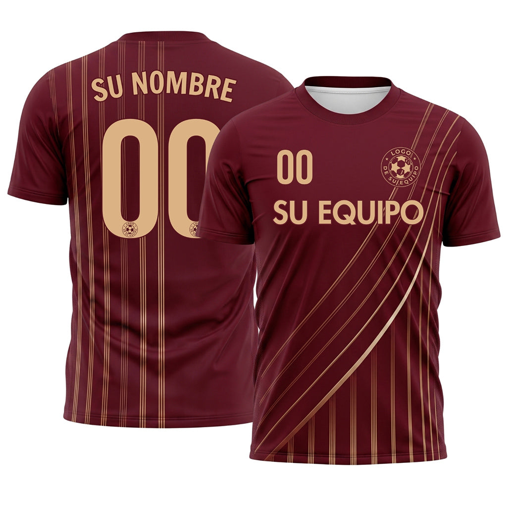 Rojo Burdeos Dorado Líneas Motivo Camiseta de Fútbol Personalizada