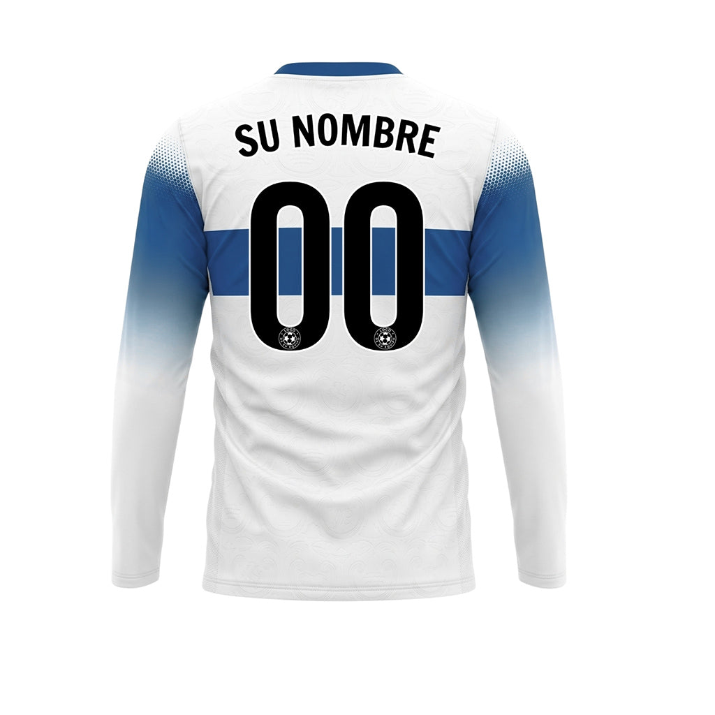 Blanco Azul Rayas Horizontales Degradadas en las Mangas Camiseta de Fútbol Personalizada de Manga Larga