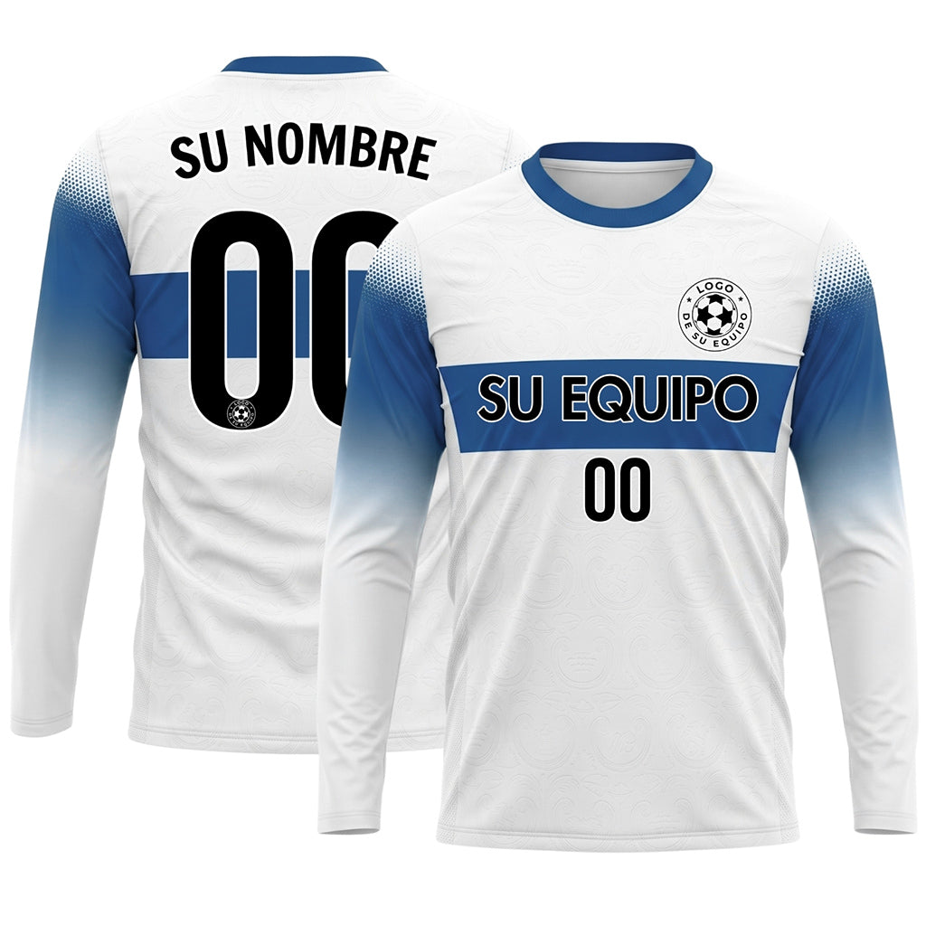 Blanco Azul Rayas Horizontales Degradadas en las Mangas Camiseta de Fútbol Personalizada de Manga Larga