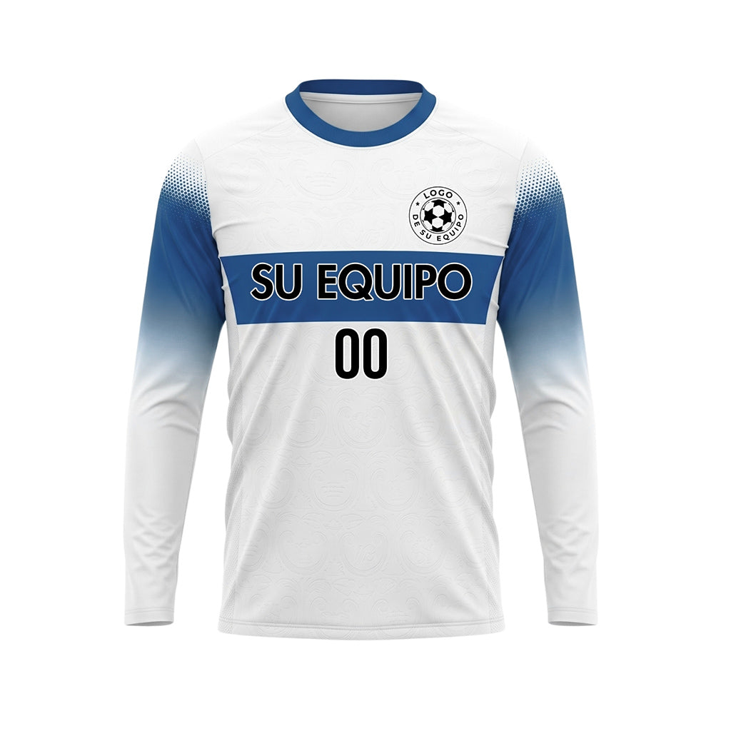 Blanco Azul Rayas Horizontales Degradadas en las Mangas Camiseta de Fútbol Personalizada de Manga Larga