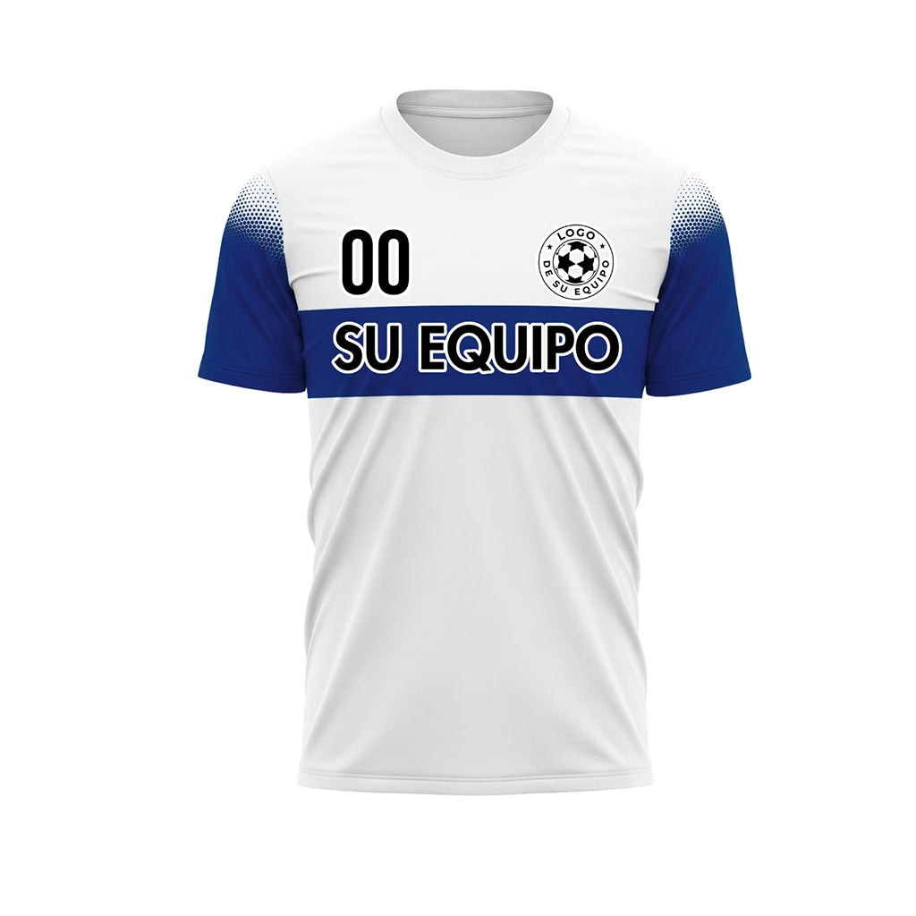 Blanco Azul Rayas en el Pecho Semitono Hombro Motivo Camiseta de Fútbol Personalizada