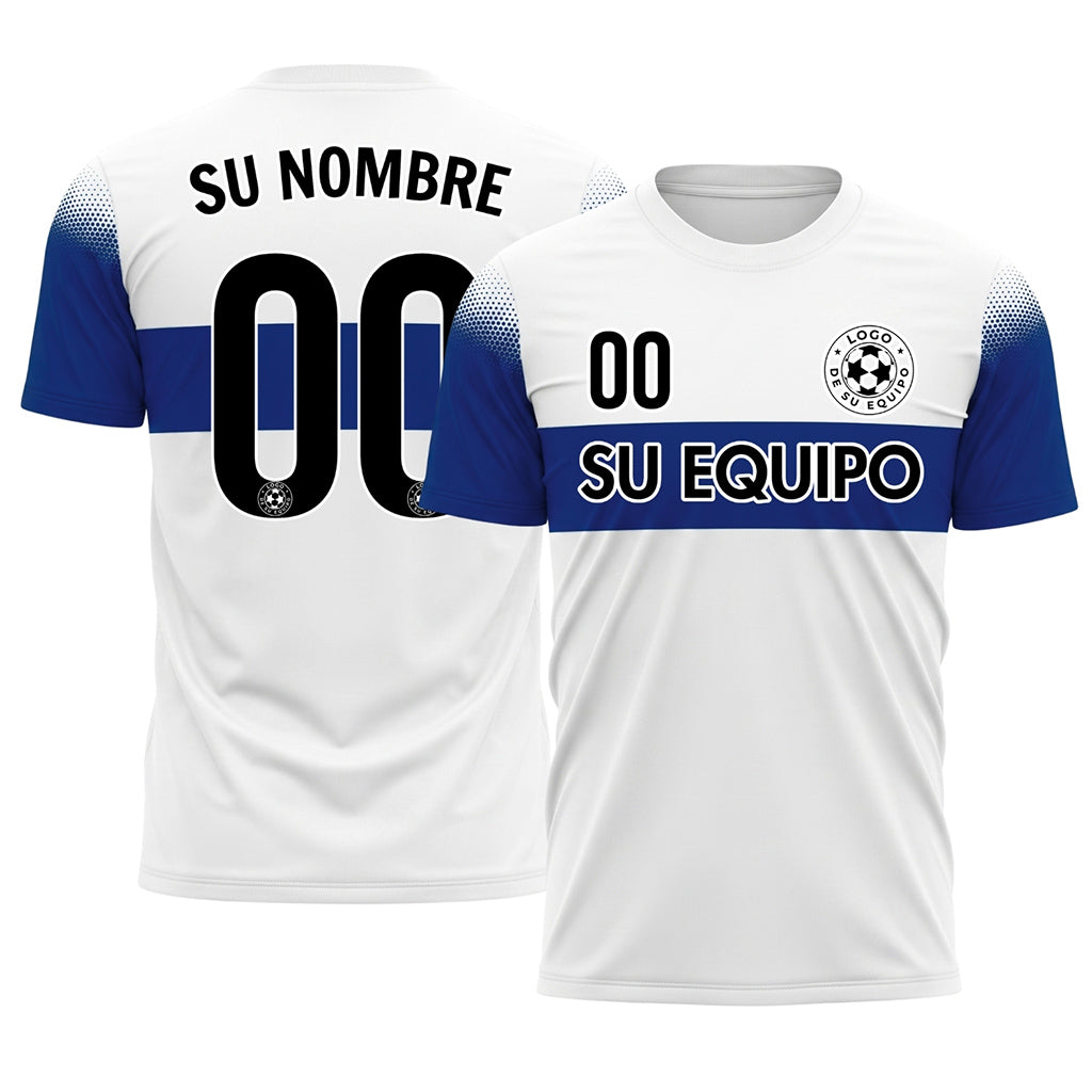Blanco Azul Rayas en el Pecho Semitono Hombro Motivo Camiseta de Fútbol Personalizada