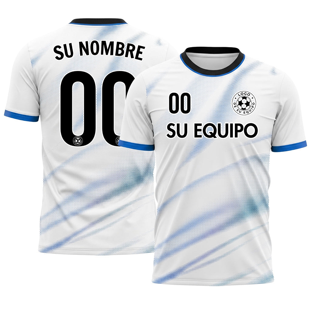 Blanco Azul Diagonal Semitono Olas Motivo Camiseta de Fútbol Personalizada
