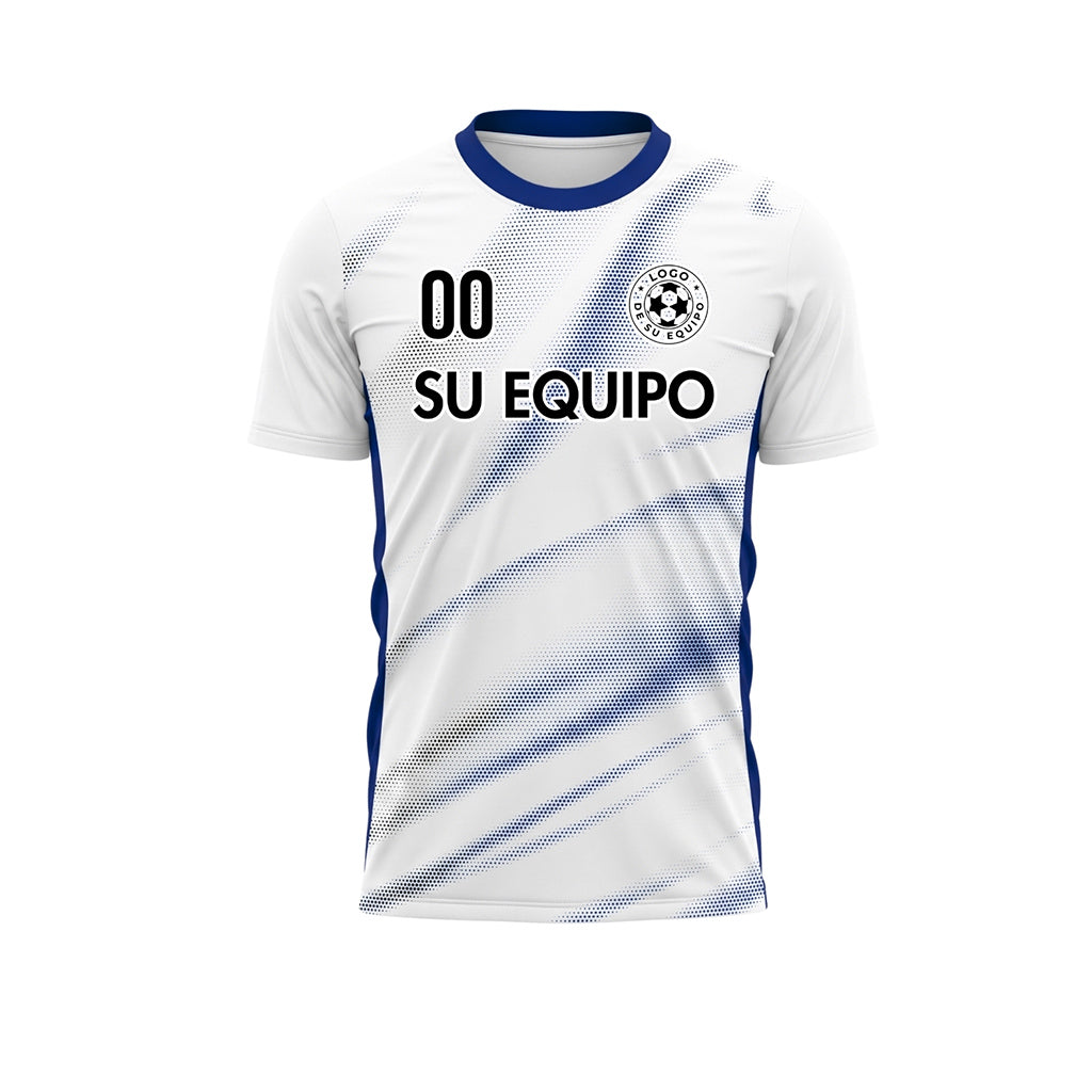 Blanco Azul Diagonal Semitono Olas Motivo Camiseta de Fútbol Personalizada