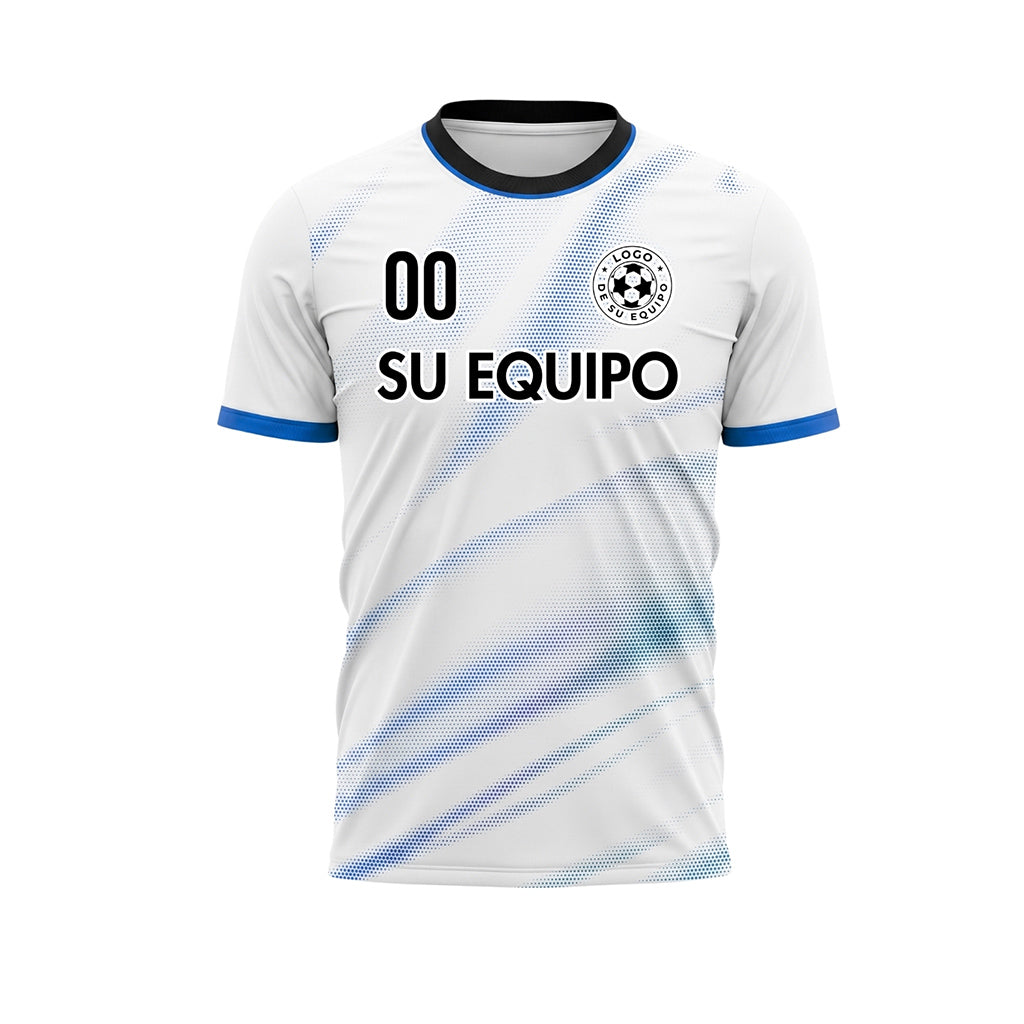 Blanco Azul Diagonal Semitono Olas Motivo Camiseta de Fútbol Personalizada