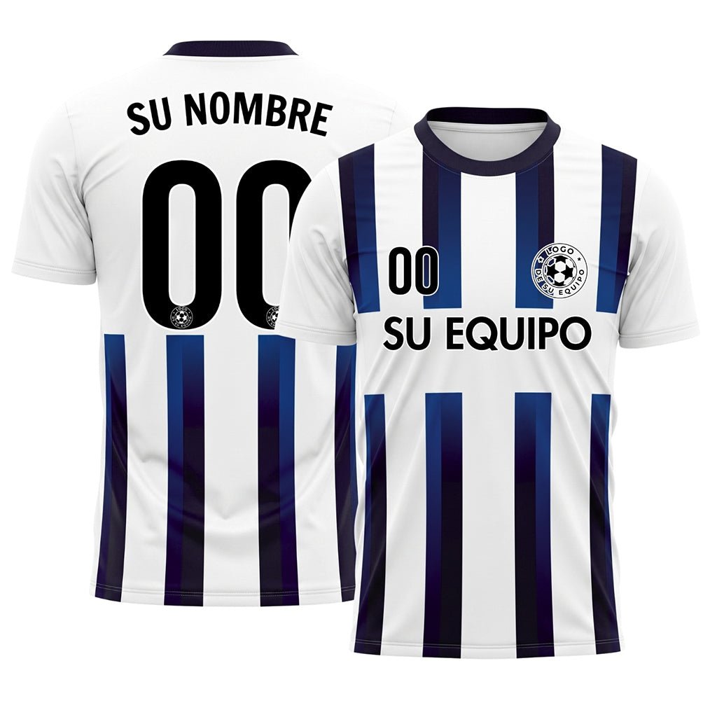 Blanco Azul Azul Oscuro Degradado Rayas Camiseta de Fútbol Personalizada