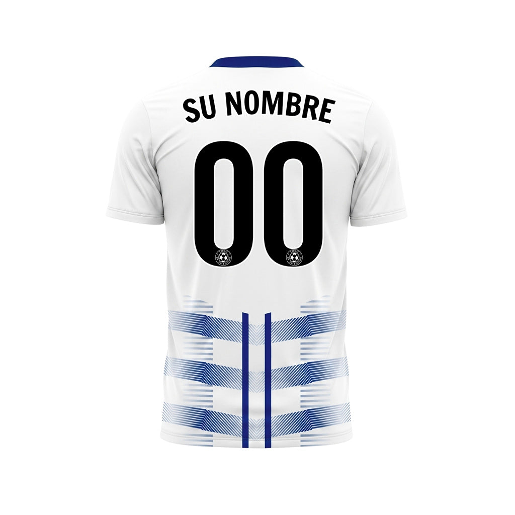 Blanco Azul Geométrico Flecha Dobles Rayas Motivo Camiseta de Fútbol Personalizada