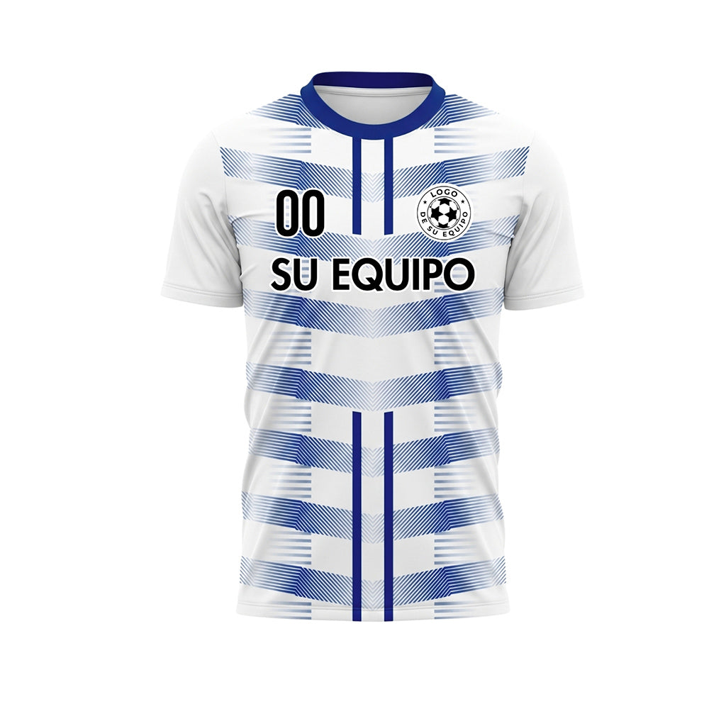 Blanco Azul Geométrico Flecha Dobles Rayas Motivo Camiseta de Fútbol Personalizada