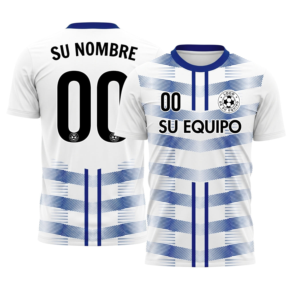 Blanco Azul Geométrico Flecha Dobles Rayas Motivo Camiseta de Fútbol Personalizada