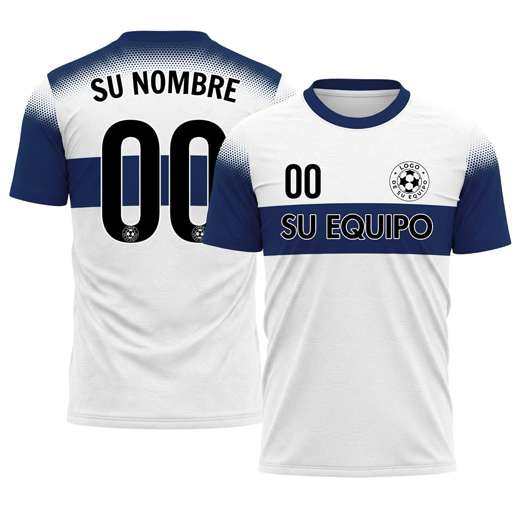 Blanco Azul Semitono Rayas en el Pecho Camiseta de Fútbol Personalizada