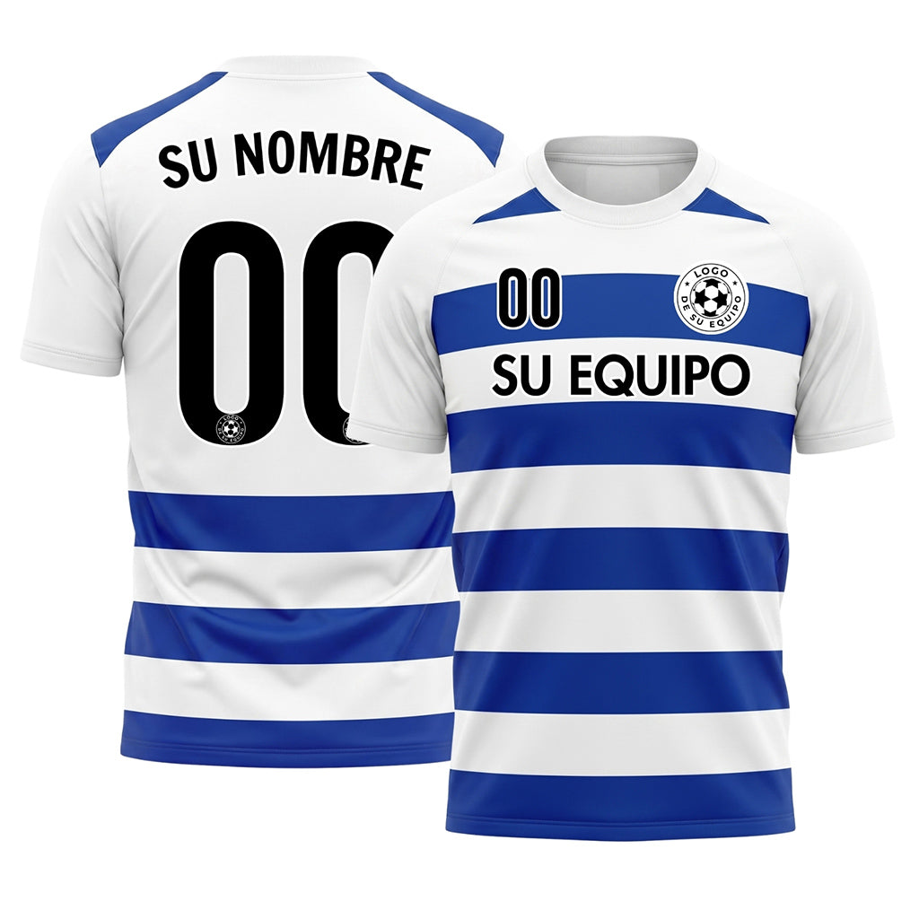 Blanco Azul Clásico Rayas en Bloques Motivo Camiseta de Fútbol Personalizada