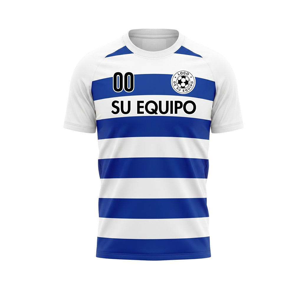 Blanco Azul Clásico Rayas en Bloques Motivo Camiseta de Fútbol Personalizada