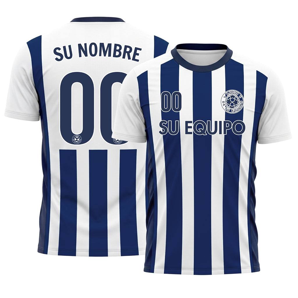 Blanco Azul Clásico Anchas Rayas Camiseta de Fútbol Personalizada