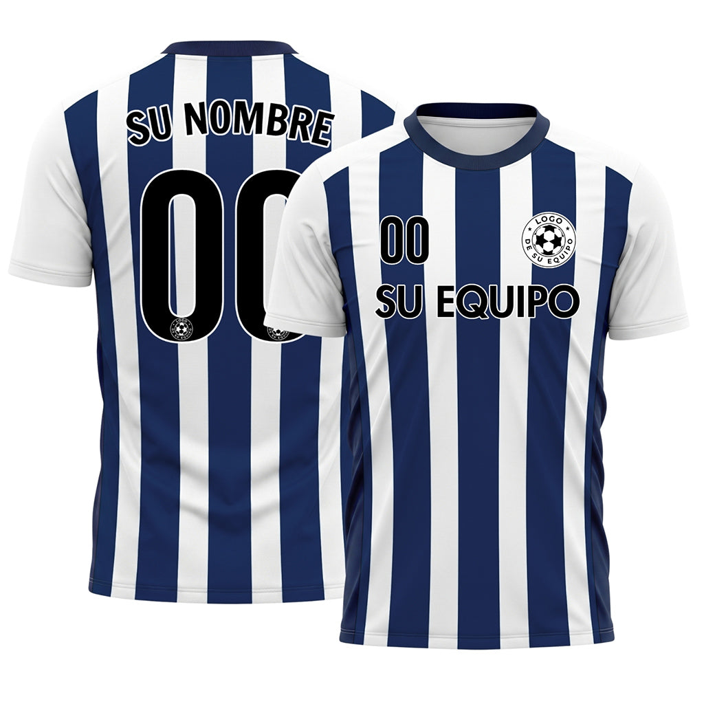 Blanco Azul Clásico Anchas Rayas Camiseta de Fútbol Personalizada