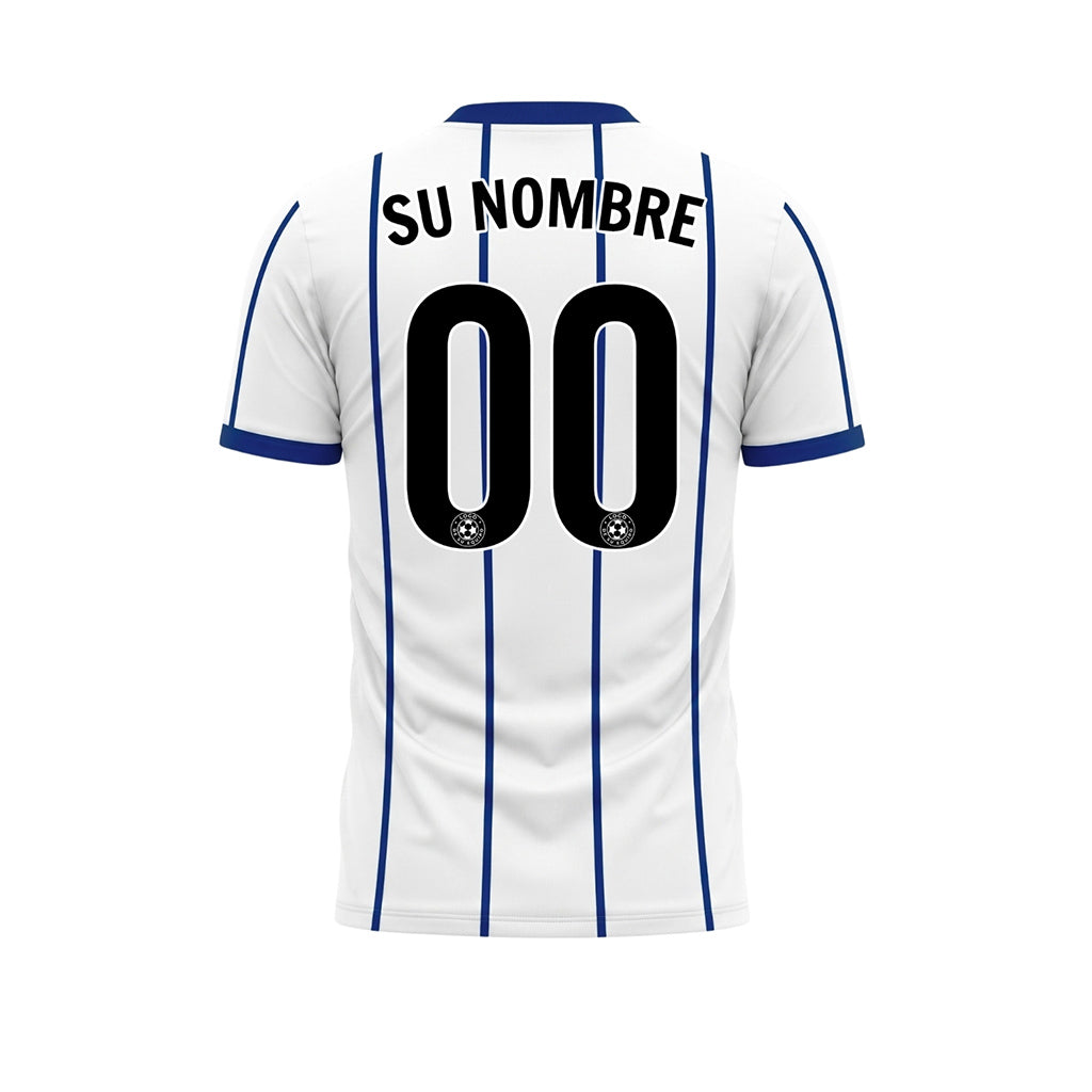 Blanco Azul Rayas Finas Contraste en el Cuello Motivo Camiseta de Fútbol Personalizada