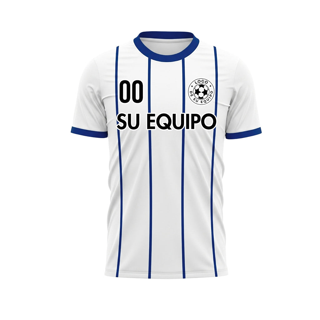 Blanco Azul Rayas Finas Contraste en el Cuello Motivo Camiseta de Fútbol Personalizada