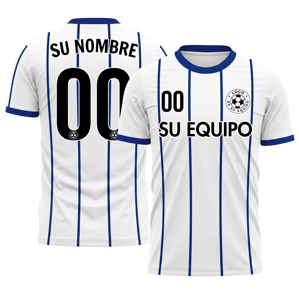 Blanco Azul Rayas Finas Contraste en el Cuello Motivo Camiseta de Fútbol Personalizada