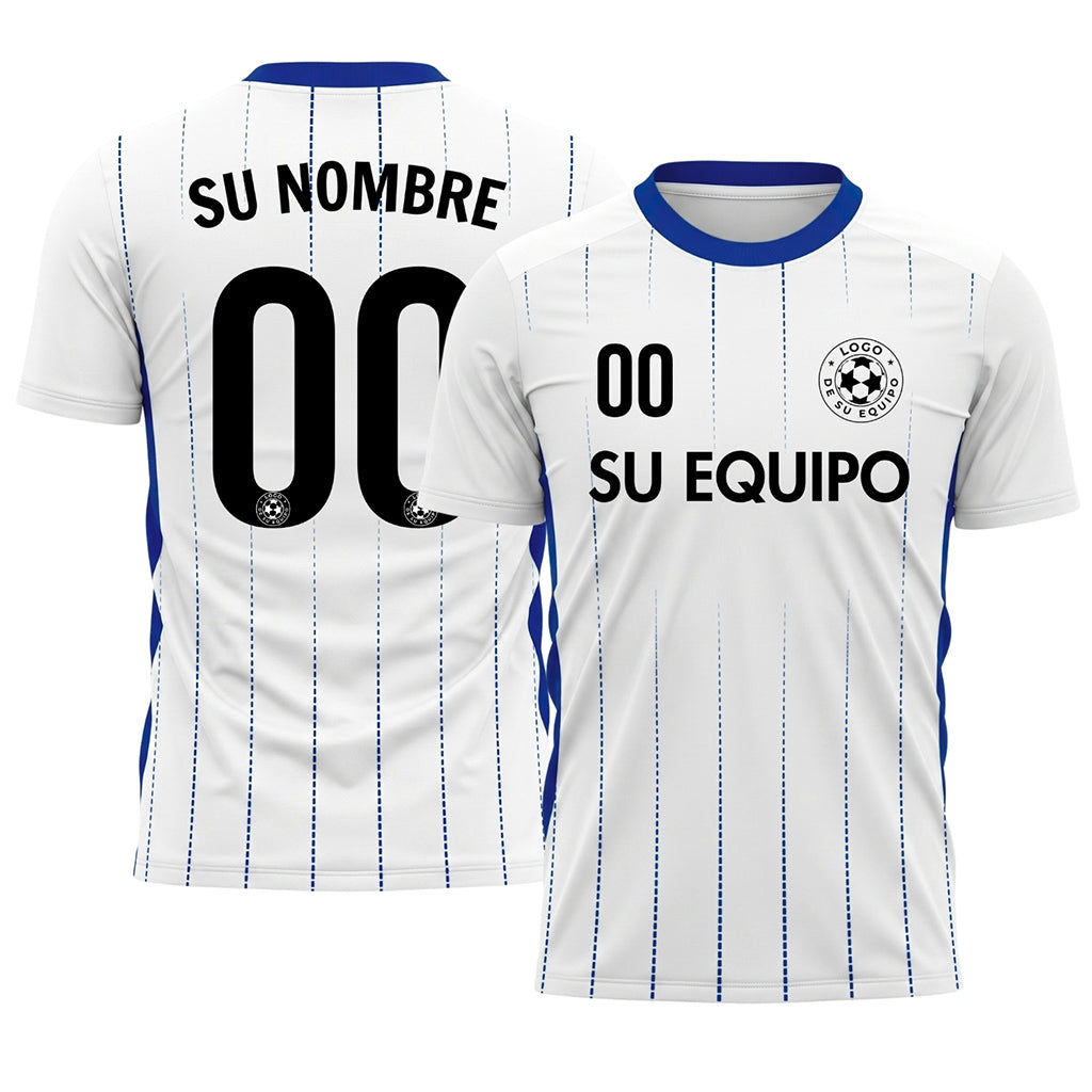 Blanco Azul Rayas Finas Camiseta de Fútbol Personalizada