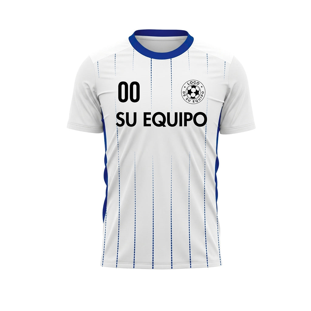 Blanco Azul Rayas Finas Camiseta de Fútbol Personalizada