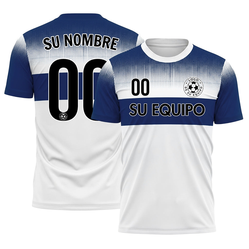 Blanco Azul Píxel Difuminado Rayas Horizontales Camiseta de Fútbol Personalizada