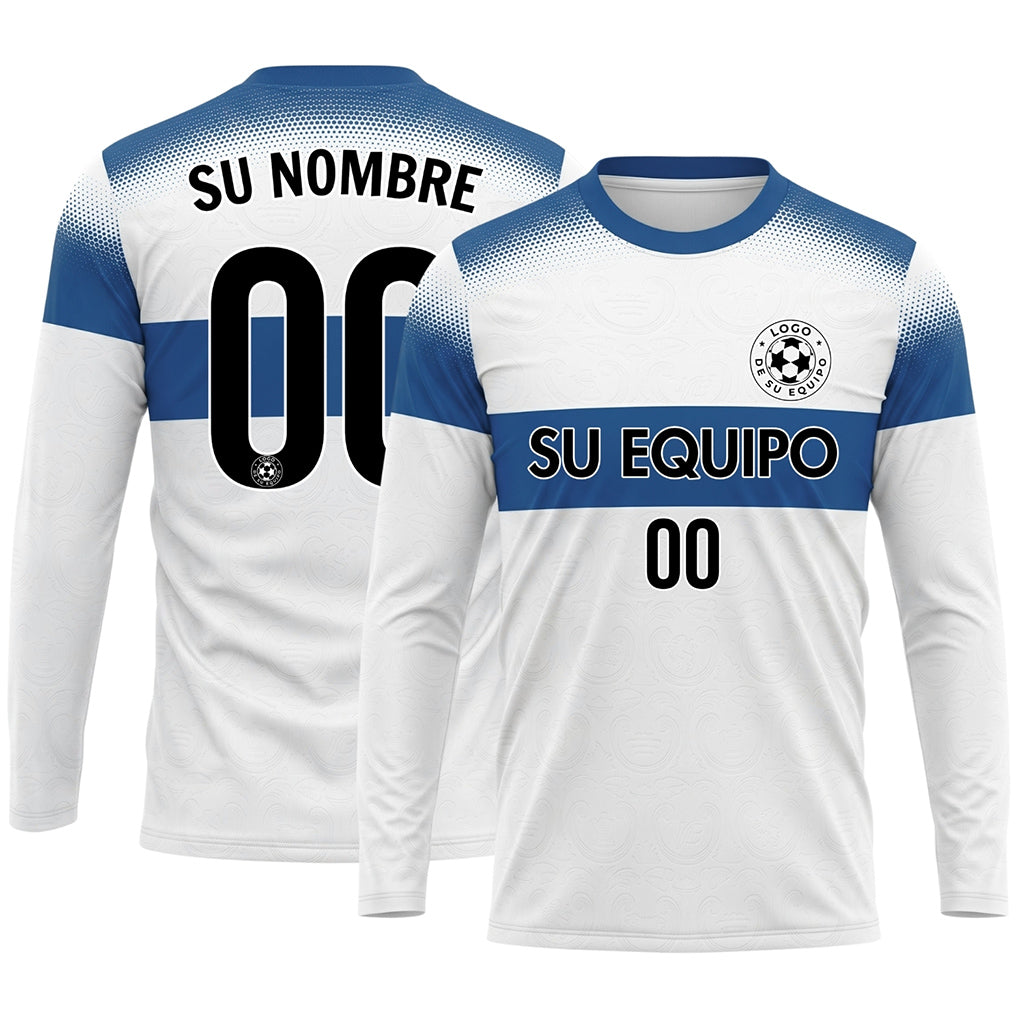 Blanco Azul Rayas Horizontales Degradadas de Lunares Camiseta de Fútbol Personalizada de Manga Larga