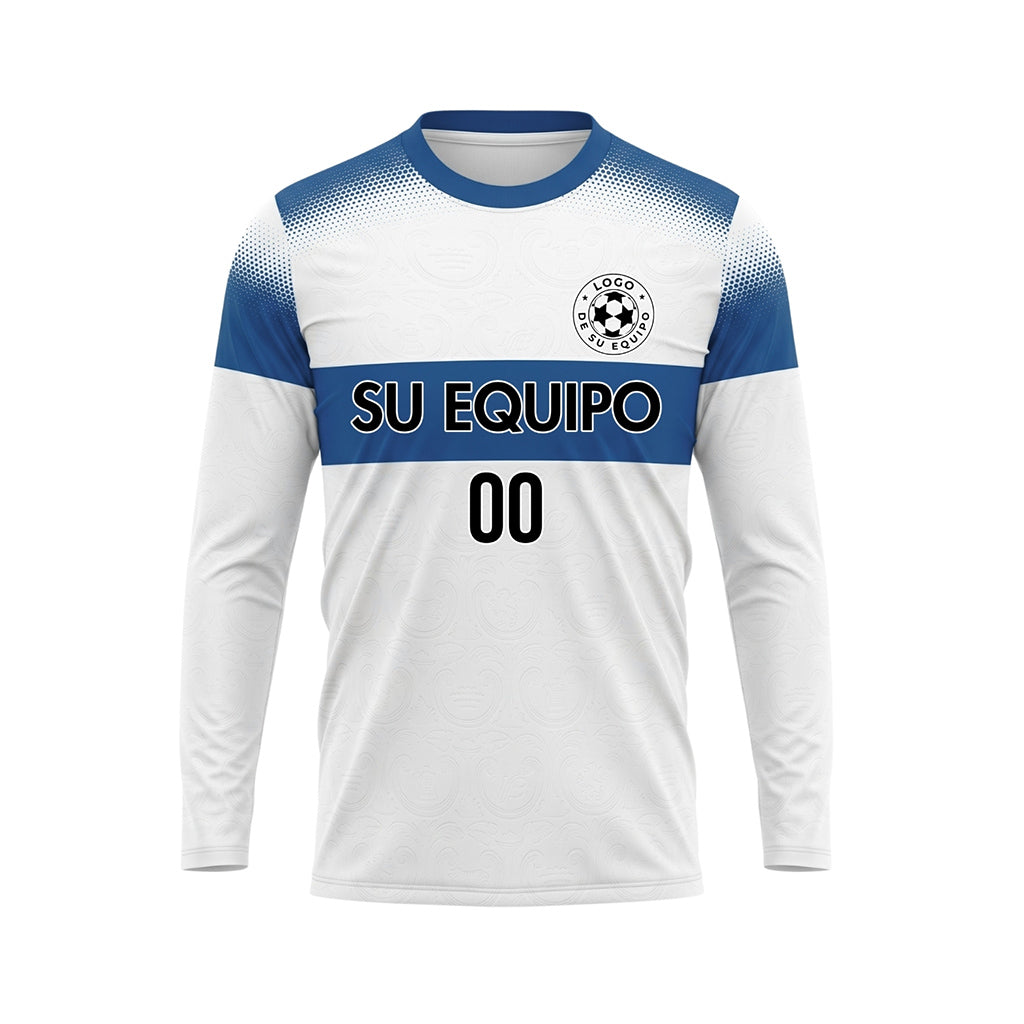 Blanco Azul Rayas Horizontales Degradadas de Lunares Camiseta de Fútbol Personalizada de Manga Larga