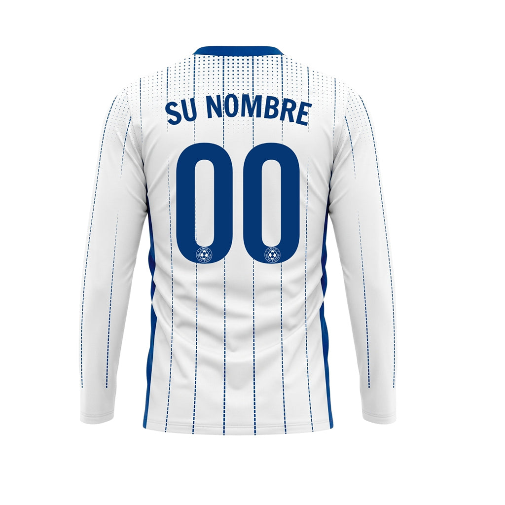 Blanco Azul Rayas Verticales de Lunares Camiseta de Fútbol Personalizada de Manga Larga