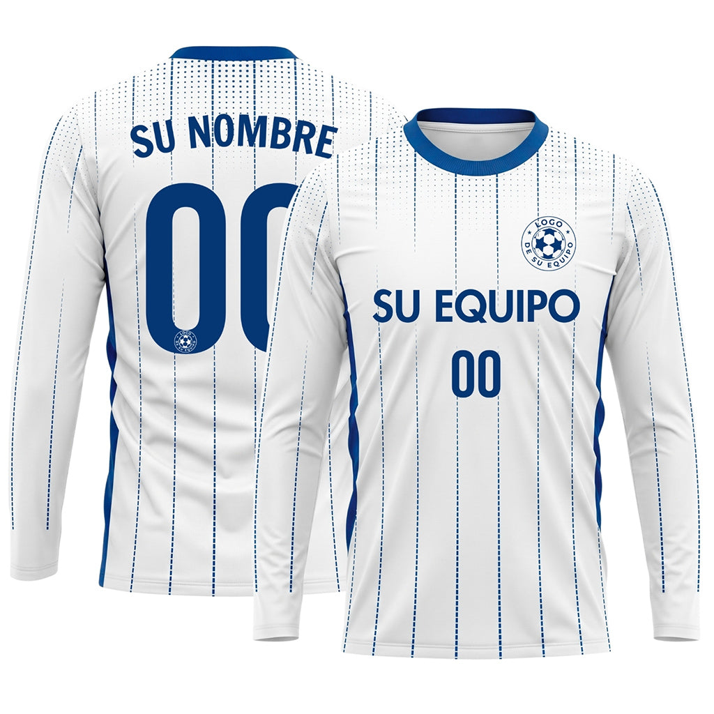 Blanco Azul Rayas Verticales de Lunares Camiseta de Fútbol Personalizada de Manga Larga