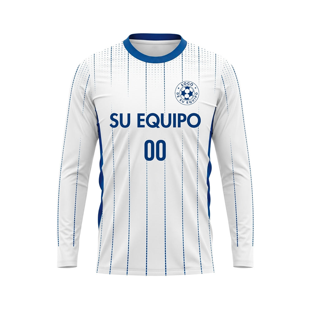 Blanco Azul Rayas Verticales de Lunares Camiseta de Fútbol Personalizada de Manga Larga