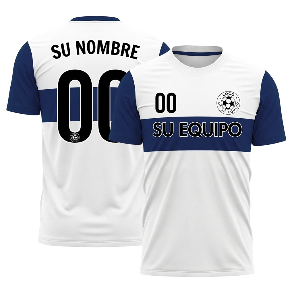 Blanco Azul Rayas Horizontales Camiseta de Fútbol Personalizada