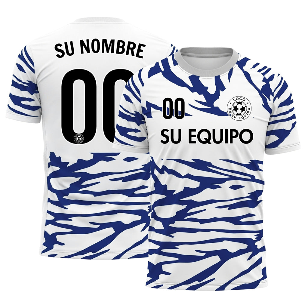 Blanco Azul Tigre Rayas en el Canesú del Pecho Motivo Camiseta de Fútbol Personalizada
