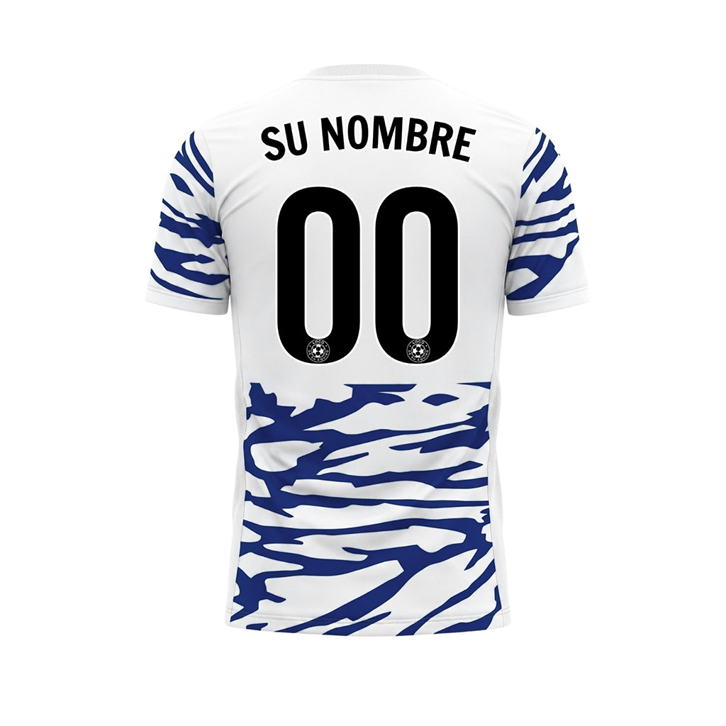 Blanco Azul Tigre Rayas en el Canesú del Pecho Motivo Camiseta de Fútbol Personalizada