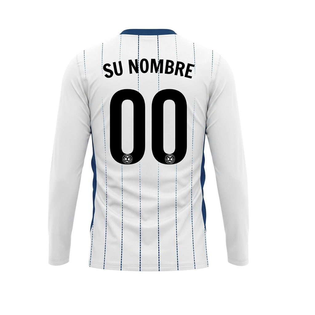 Blanco Azul Oscuro Finas Rayas Verticales Camiseta de Fútbol Personalizada de Manga Larga