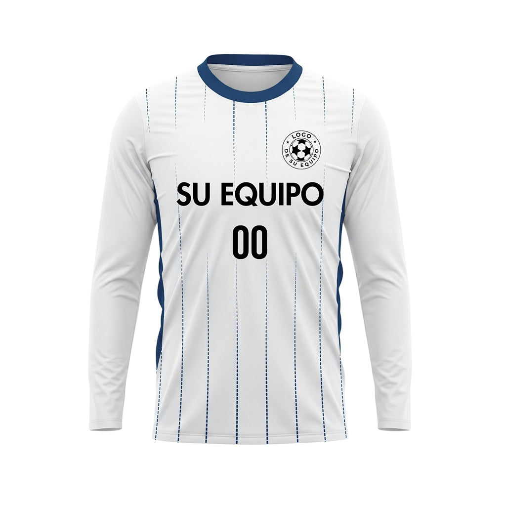 Blanco Azul Oscuro Finas Rayas Verticales Camiseta de Fútbol Personalizada de Manga Larga