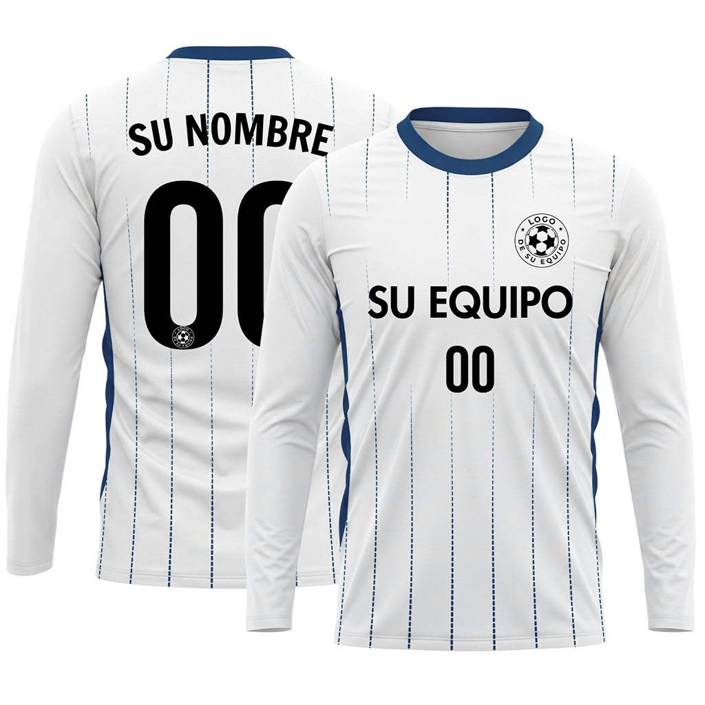 Blanco Azul Oscuro Finas Rayas Verticales Camiseta de Fútbol Personalizada de Manga Larga