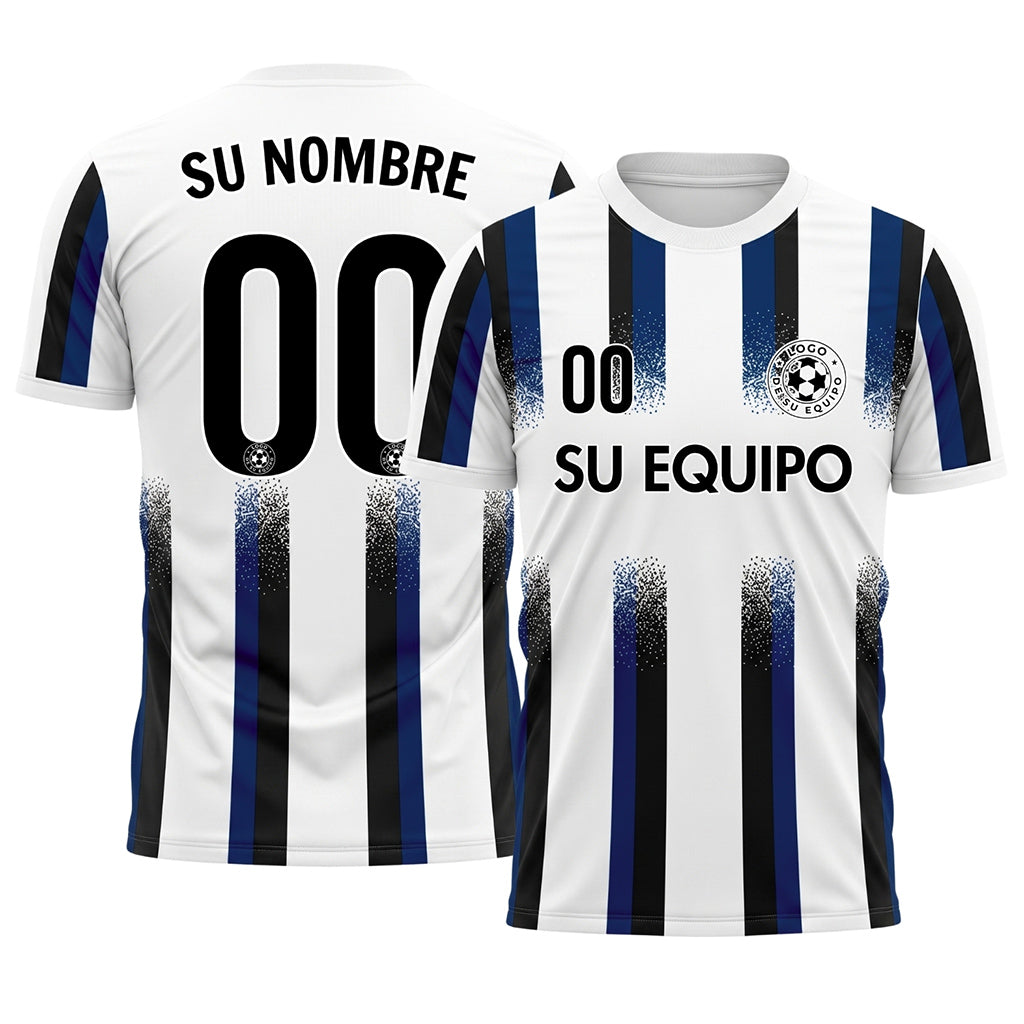 Blanco Azul Oscuro Negro Degradado Salpicaduras Rayas Camiseta de Fútbol Personalizada