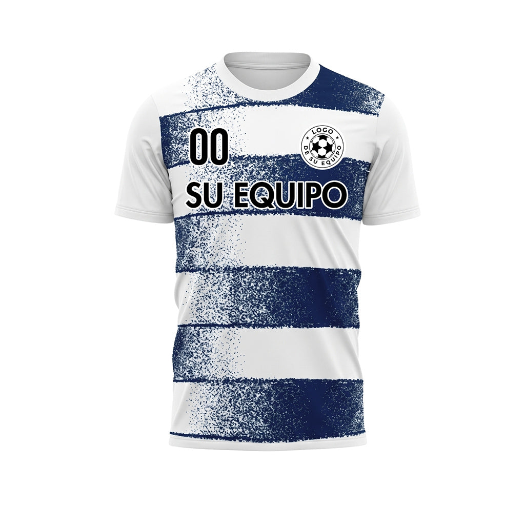 Blanco Azul Oscuro Efecto Spray Horizontales Rayas Motivo Camiseta de Fútbol Personalizada